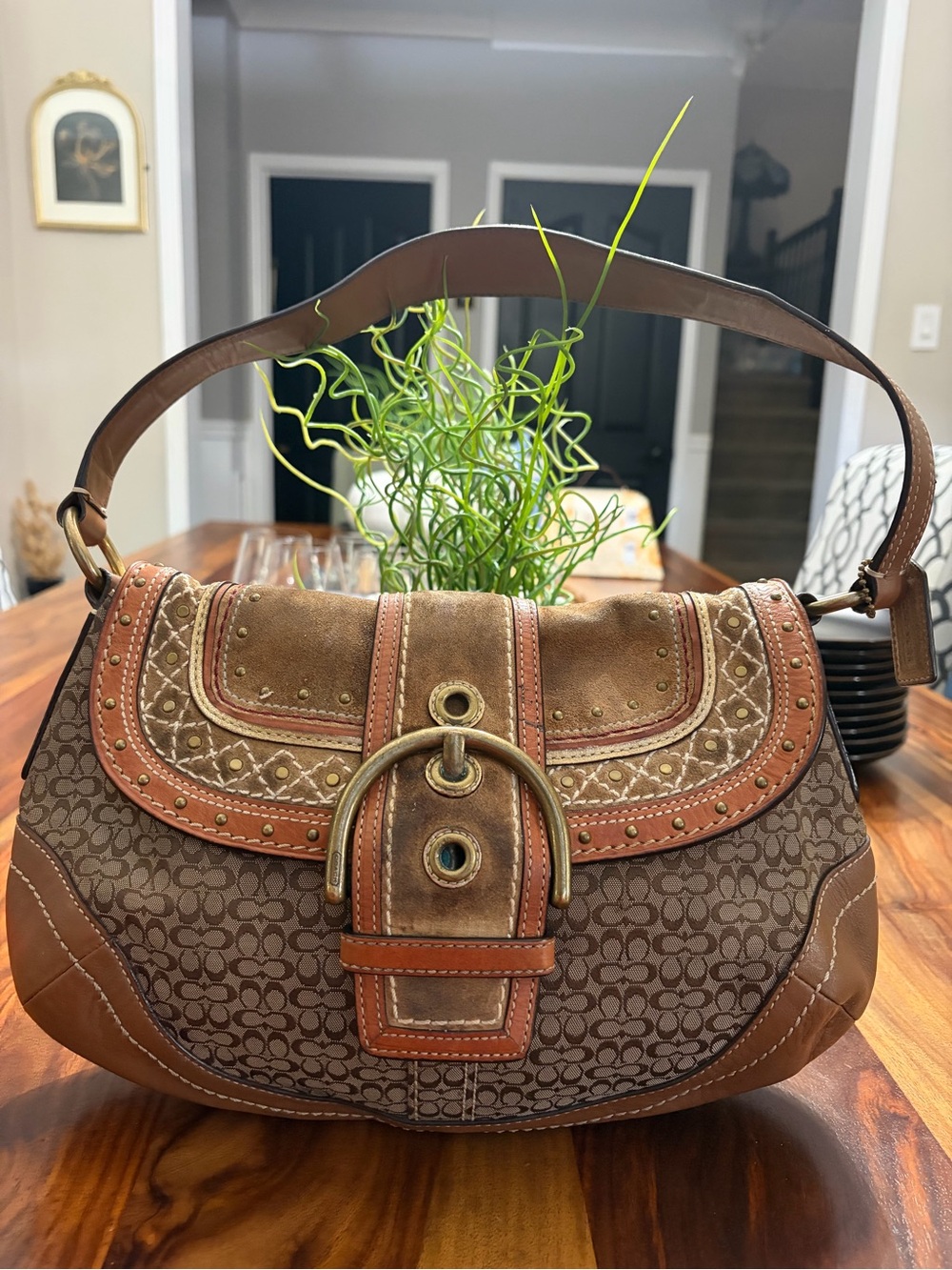 Y2K Coach signature Brown jacquard Canvas Shoulder Bag